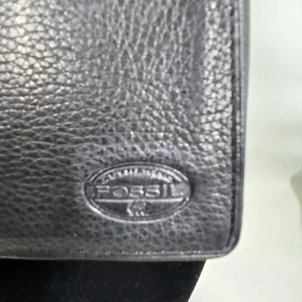 Fossil Leather Wallet Mens One Size Black Trifold Golf‎ Theme Boxed Logo